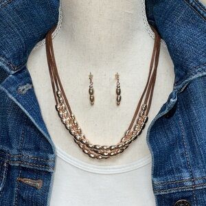 Vintage 1946 Boho Bronze Leather Rose Gold Bead Multi Strand Necklace & Earrings
